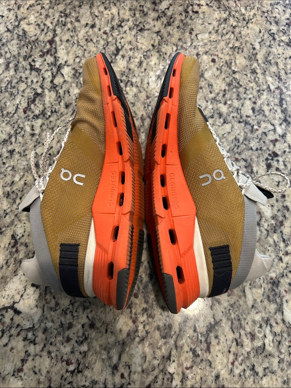 On Running Men’s Sneakers — Gold Upper with Orange Sole - Picture 3 of 8